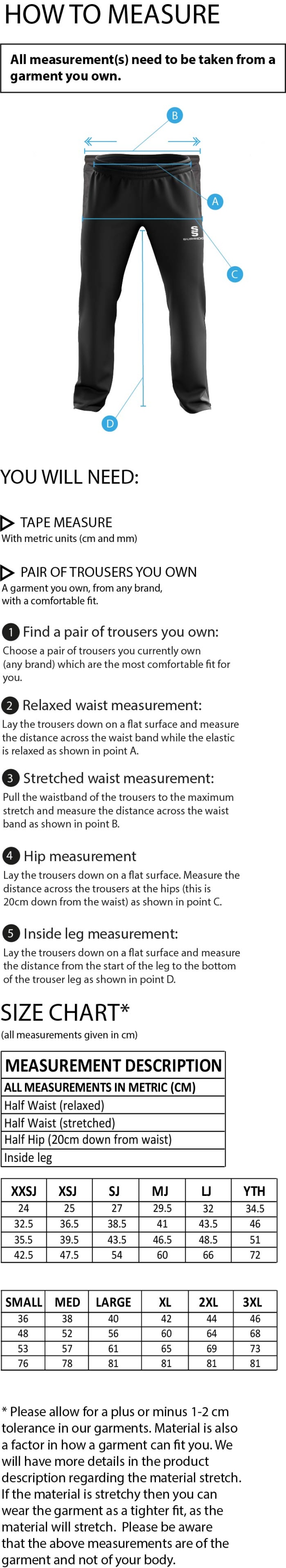 Ealing CC - Dual Poplin Track Pant with Lycra - Unisex Fit - Size Guide