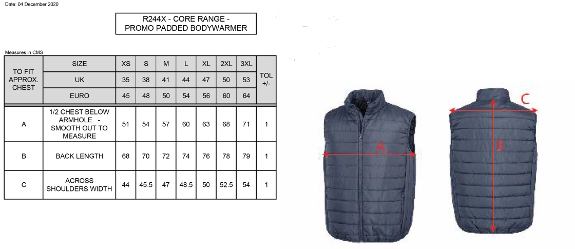 Padded Bodywarmer : Navy - Size Guide