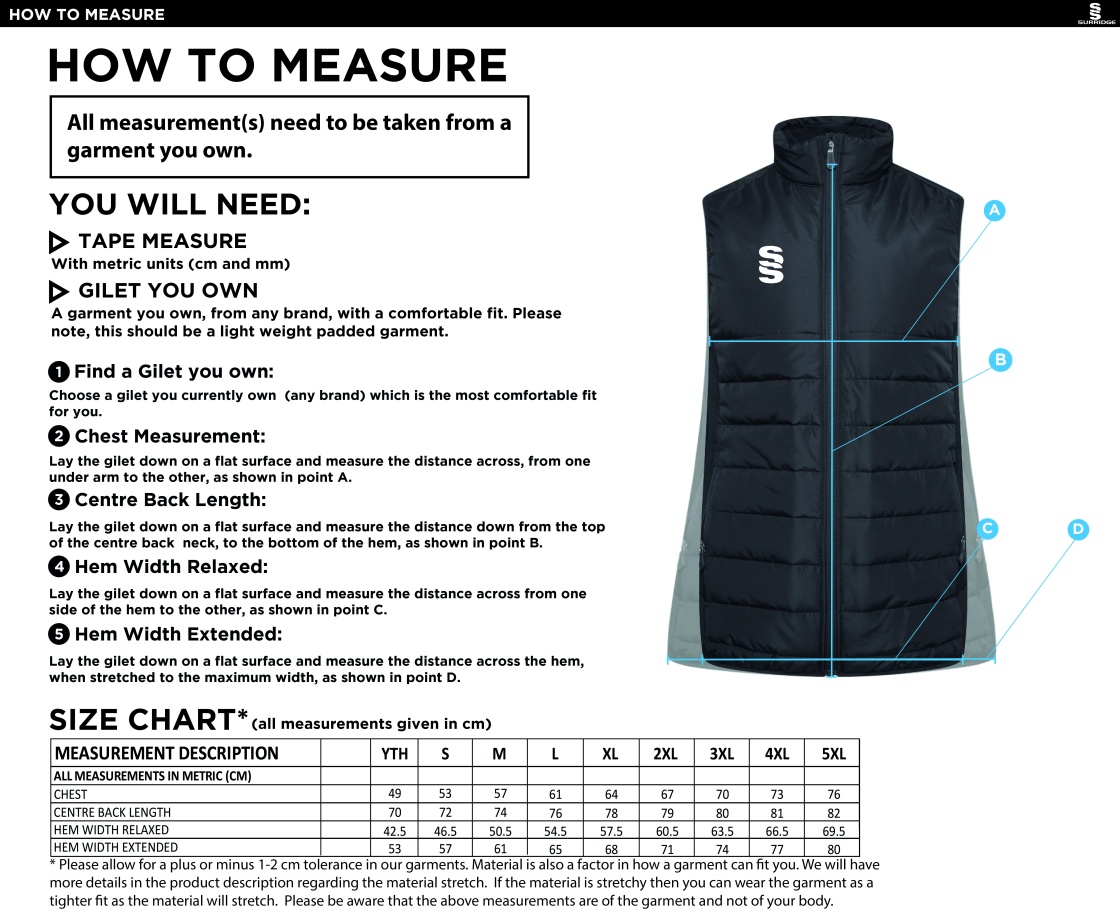 Ealing CC - Active Gilet - Unisex Fit - Size Guide
