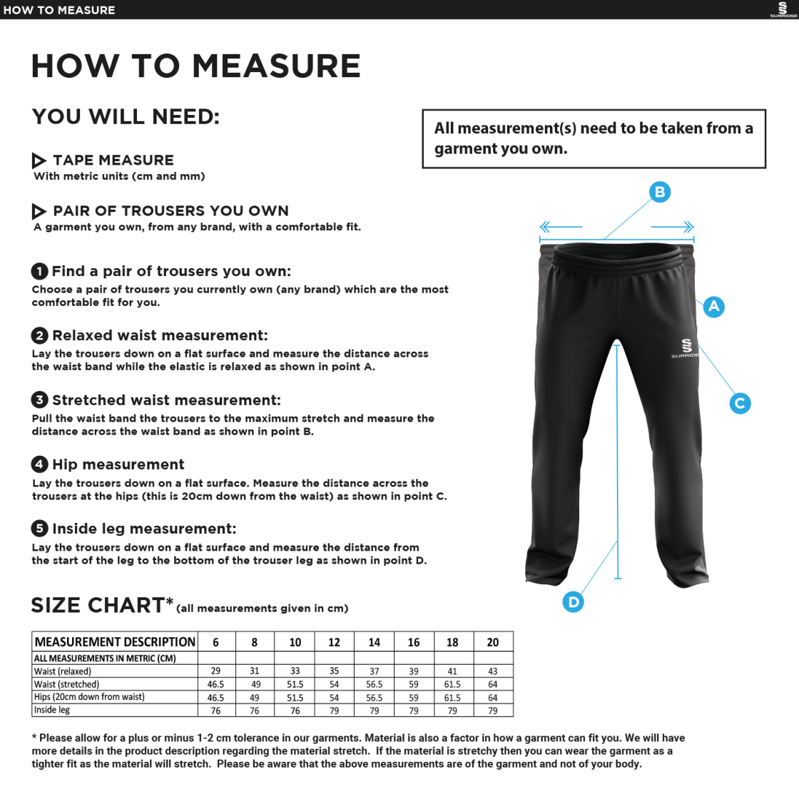Ealing CC - Dual Poplin Track Pant with Lycra - Women's Fit - Size Guide