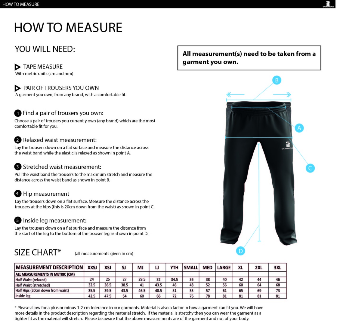 Ealing CC - Dual Poplin Track Pant with Lycra - Unisex Fit - Size Guide
