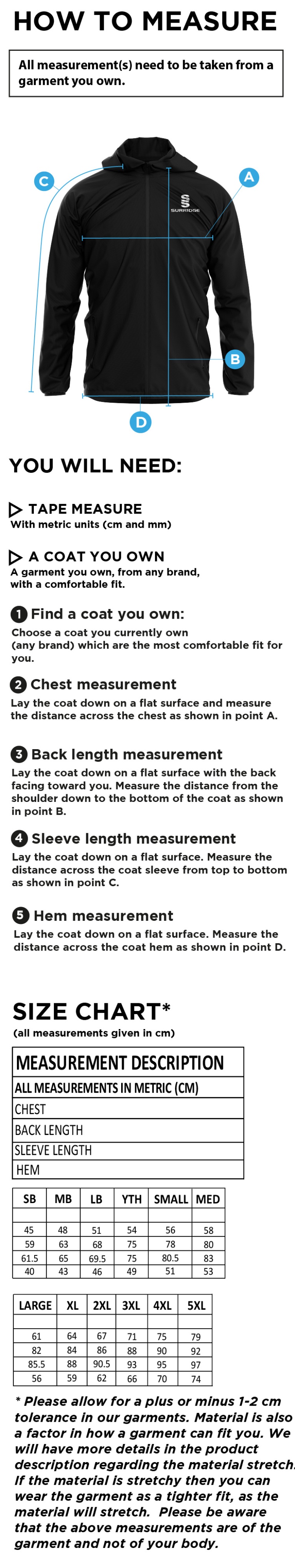 Ealing CC - Dual Full Zip Training Jacket - Unisex Fit - Size Guide