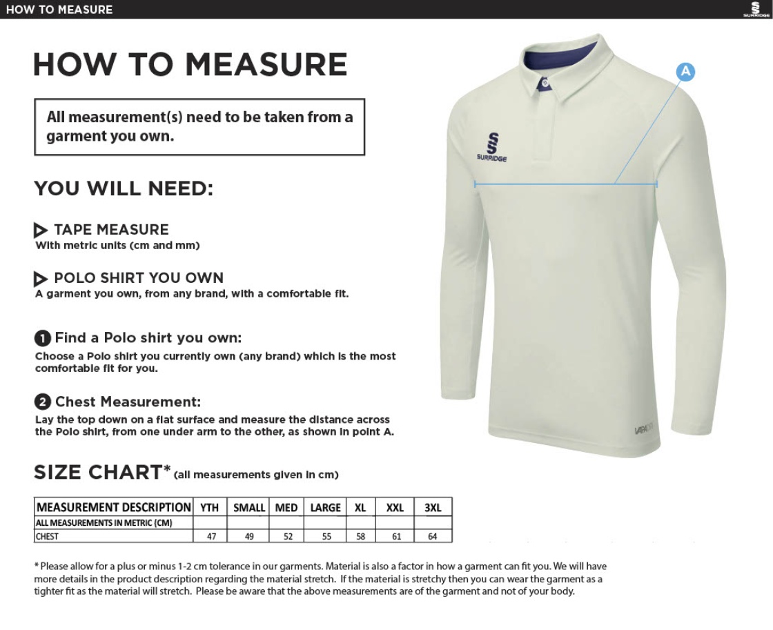 Ealing CC - Adults Dual Cricket Shirt Long Sleeve - Size Guide