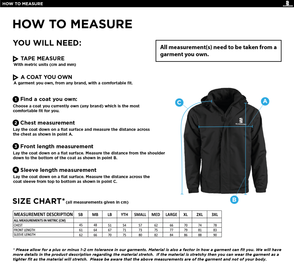 Ealing CC - Dual Fleece Lined Jacket - Unisex Fit - Size Guide